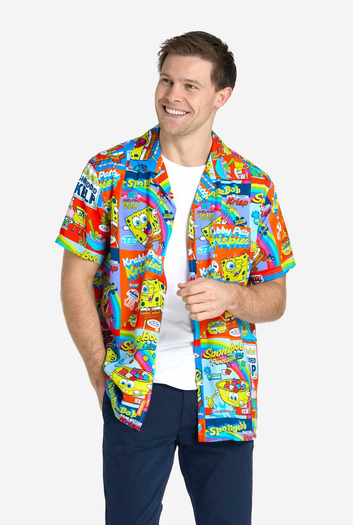 Man wearing Hawaiian Shirt with SpongeBob Cereal-box print