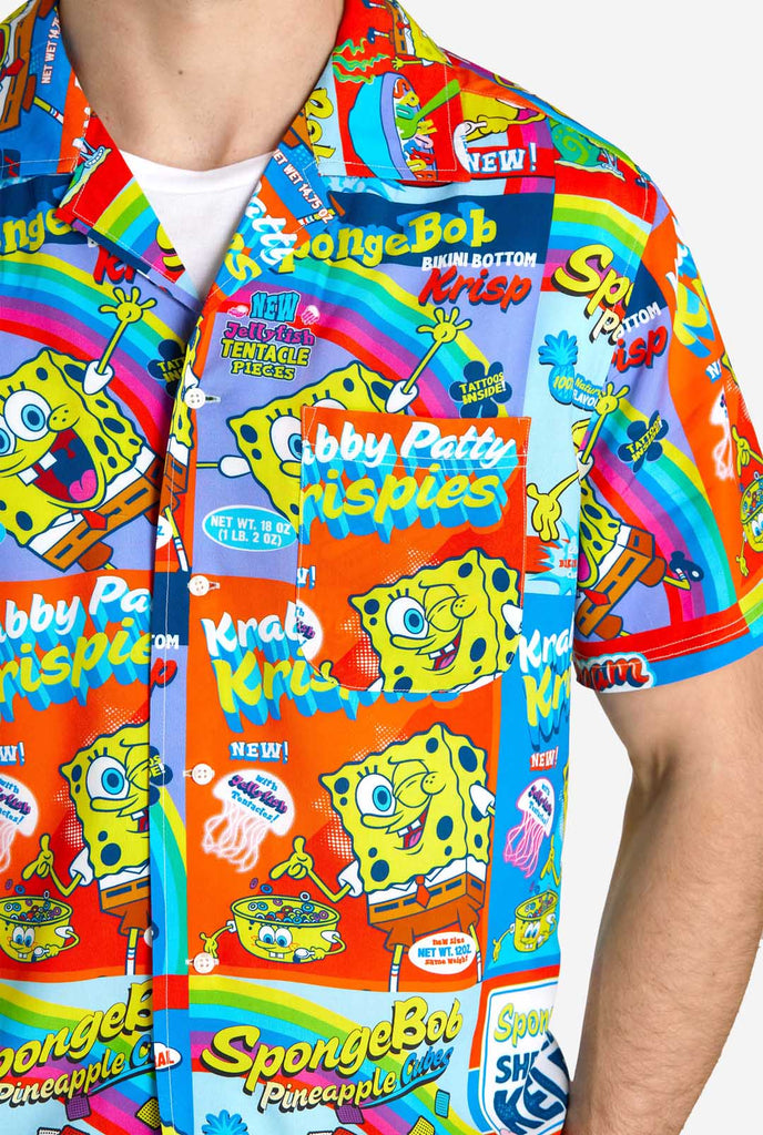 Man wearing Hawaiian Shirt with SpongeBob Cereal-box print