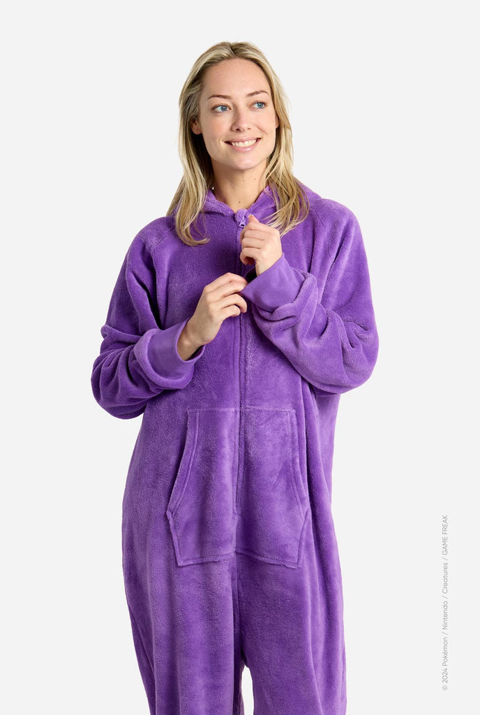 Woman wearing Gengar Pokemon Adult onesie 