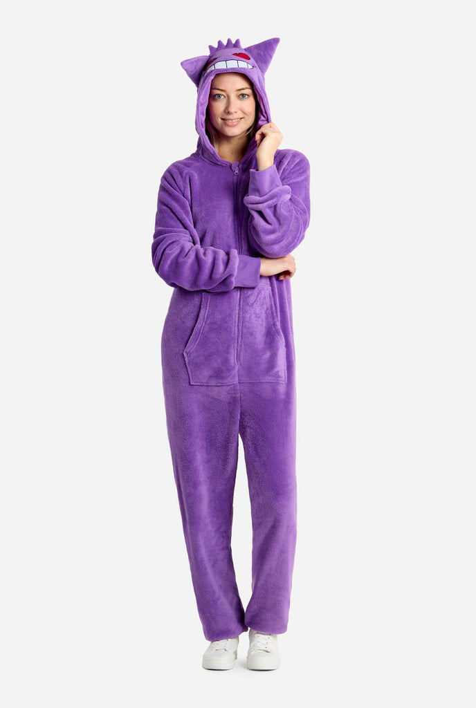 Woman wearing Gengar Pokemon Adult onesie 