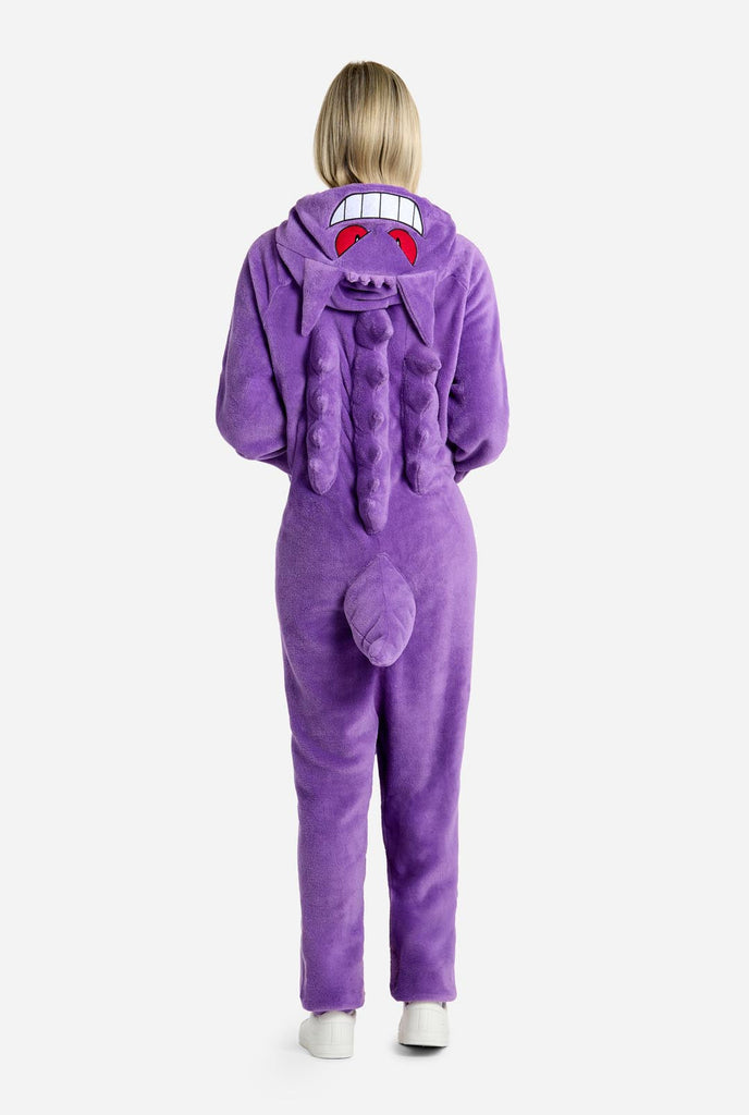 Woman wearing Gengar Pokemon Adult onesie 