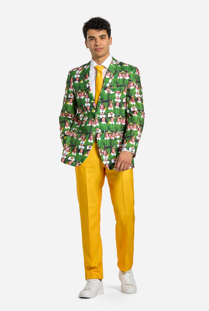 Man wearing men's Christmas suit with the character ELF on the jacket and yellow pants