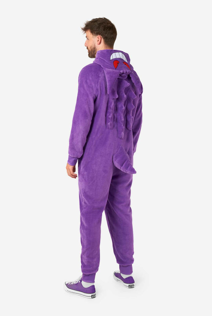 Men wearing Gengar Pokemon Adult onesie, view from the back