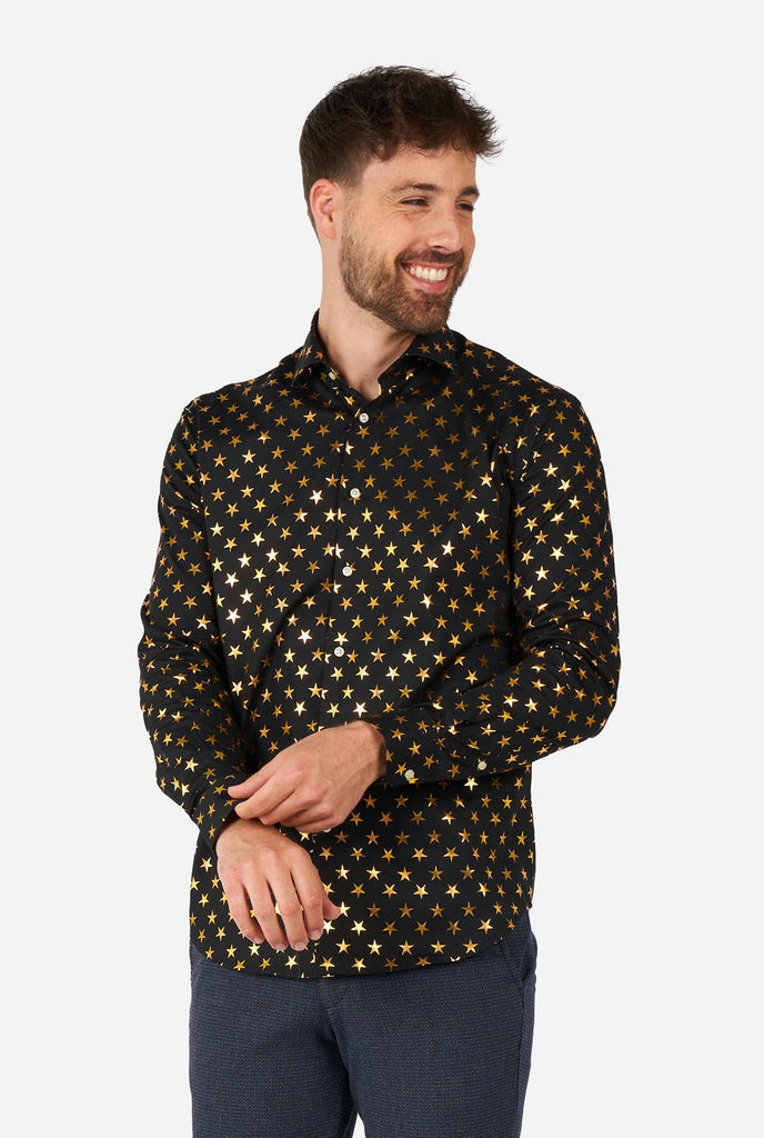 Man wearing black men's shirt with golden foil stars