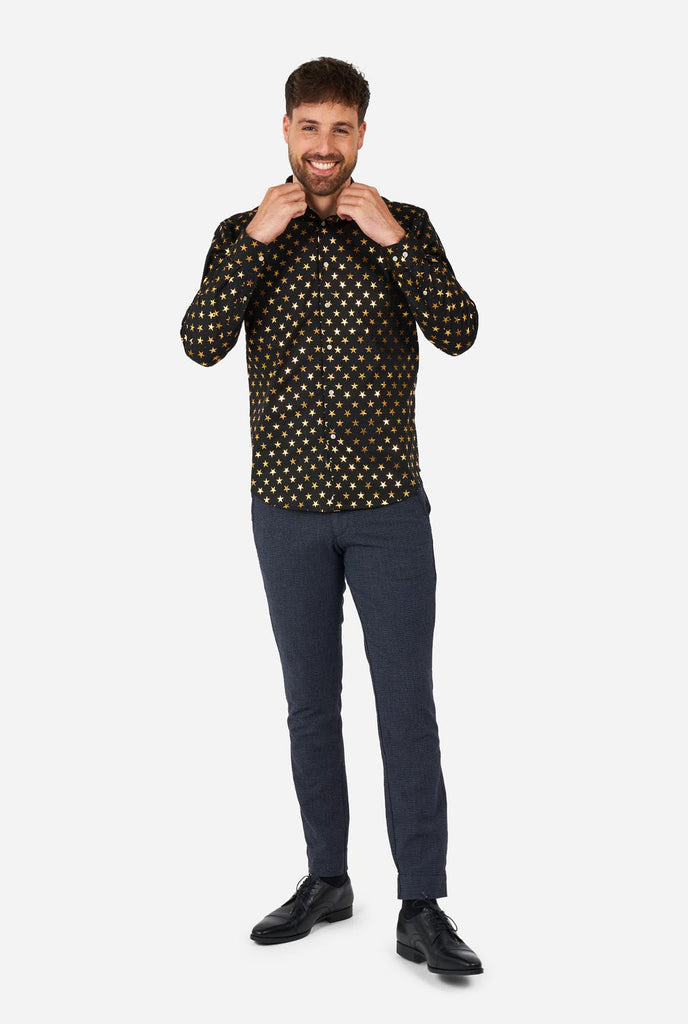 Man wearing black men's shirt with golden foil stars