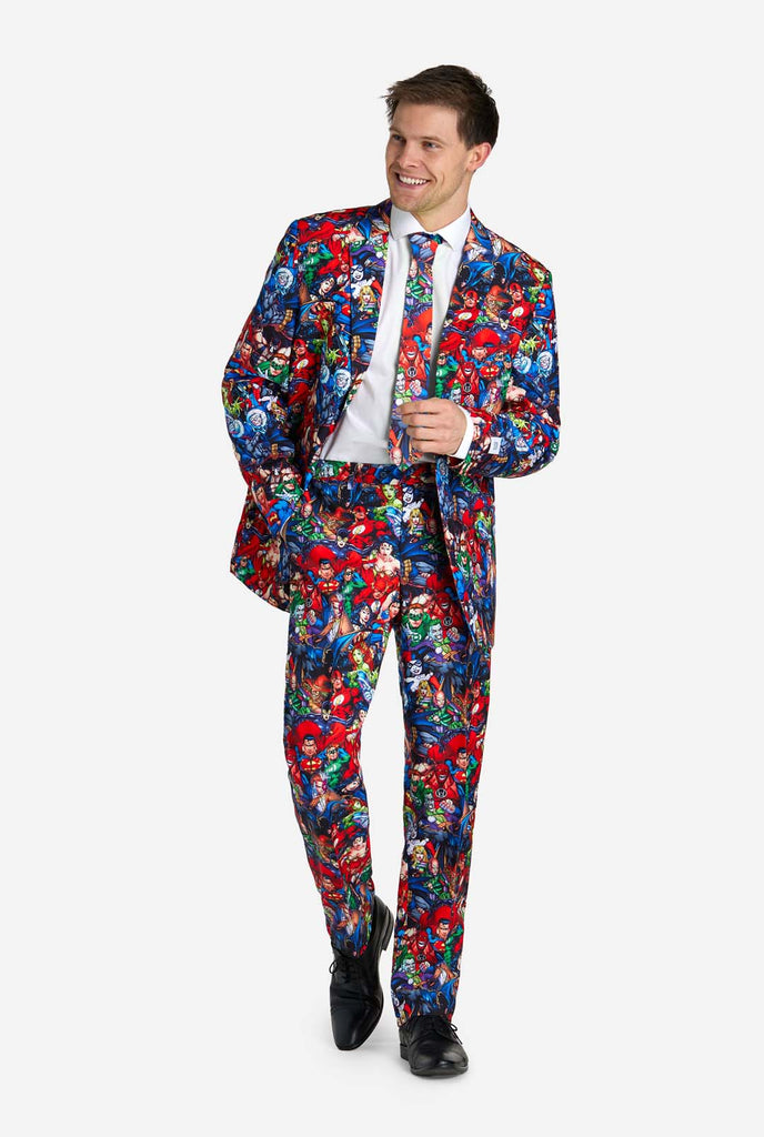 Man wearing mens suit with DC Super Heroes print