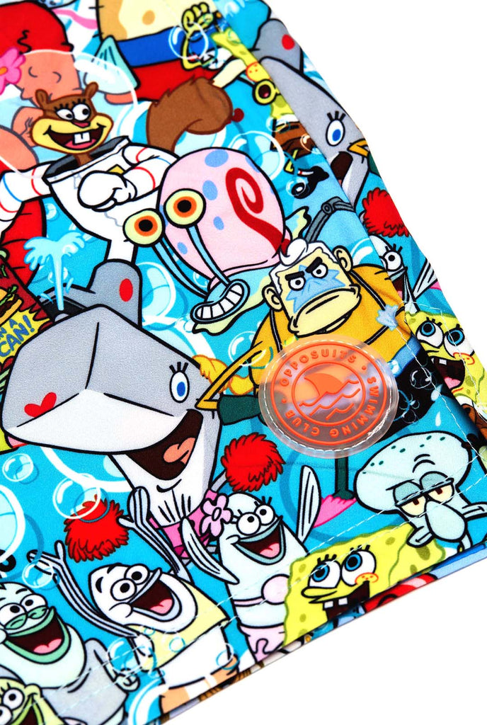 Man wearing swim trunks with SpongeBob print, close up