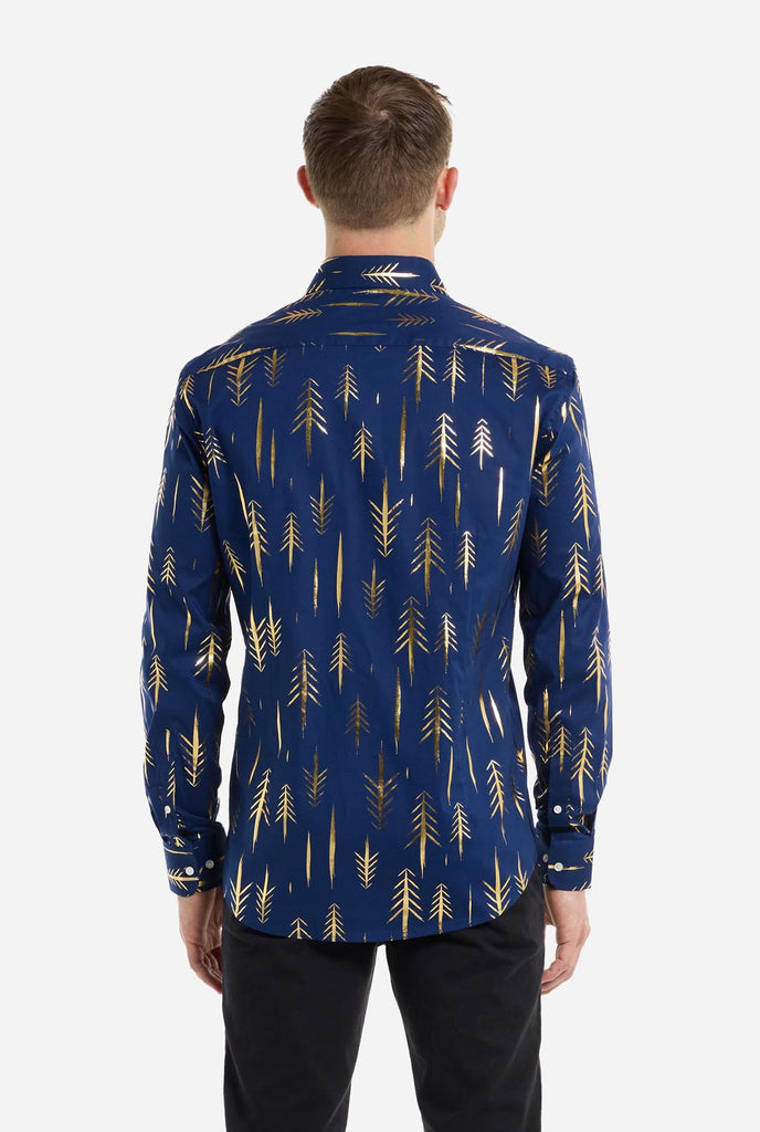 Man wearing dark blue Christmas shirt with golden foil trees, view from the back