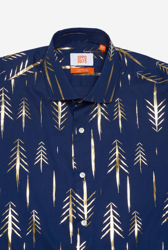 Dark blue Christmas shirt with golden foil trees, close up