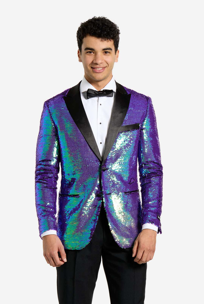 Men wearing tuxedo with blue sequins jacket