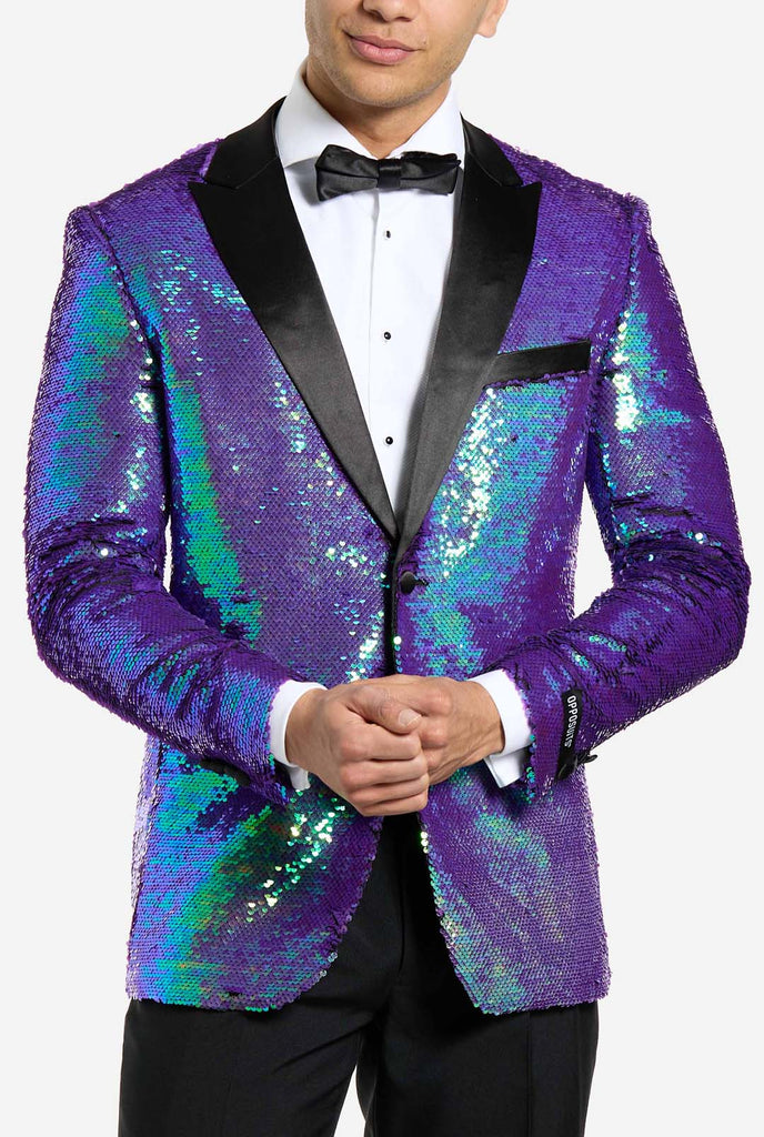 Men wearing tuxedo with blue sequins jacket