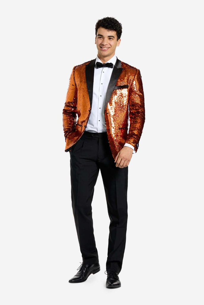 Men wearing tuxedo with orange sequins jacket