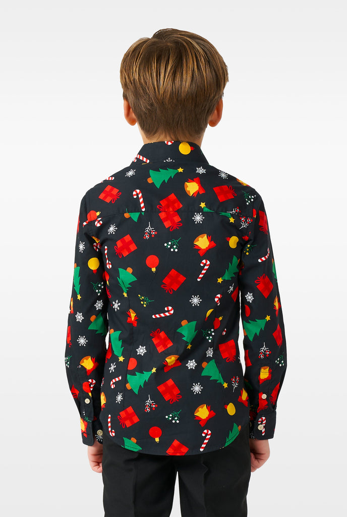 Funny black Christmas icons dress shirt worn by a boy zoomed in, view from the back