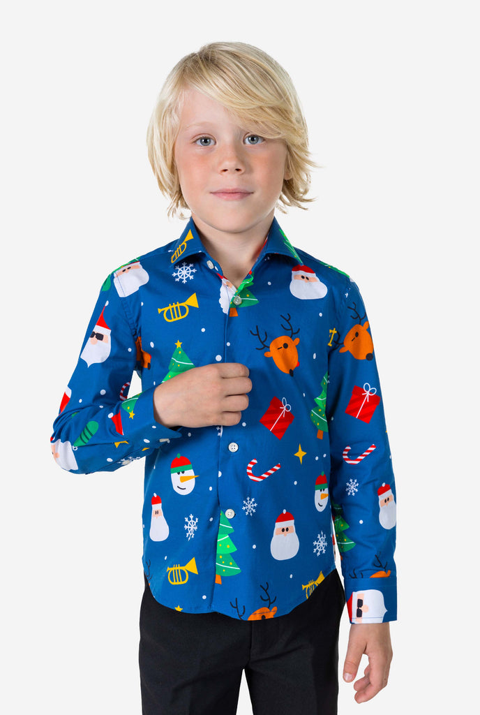 Kid wearing blue Christmas Shirt