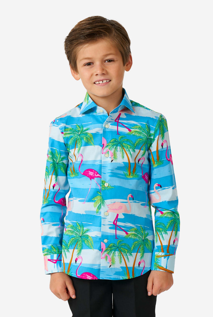 Boy wearing long sleeve boys' shirt with summer flamingo print