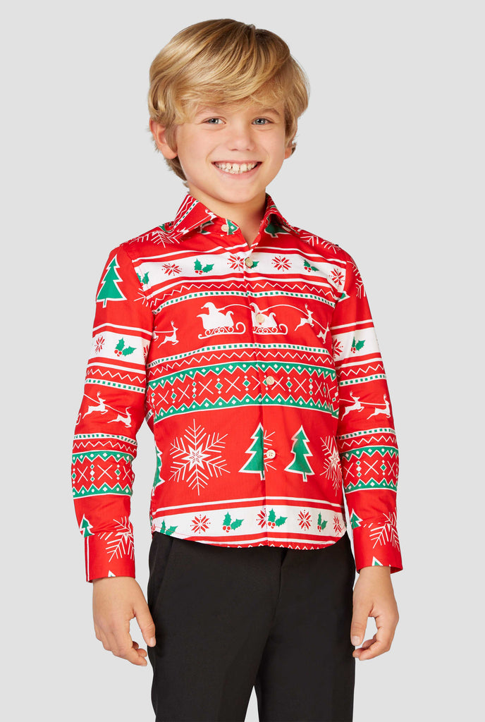 Funny red Christmas dress shirt Winter Wonderland worn by a boy