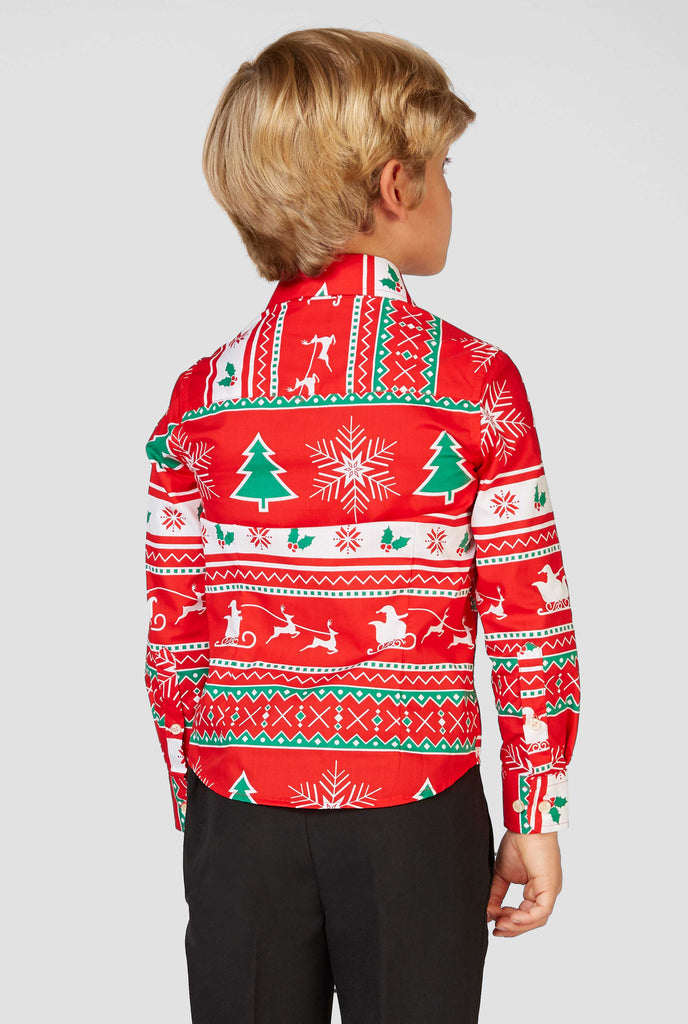 Funny red Christmas dress shirt Winter Wonderland worn by a boy view from the back 