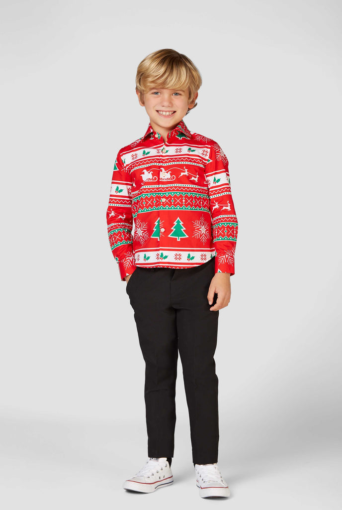 Funny red Christmas dress shirt Winter Wonderland worn by a boy