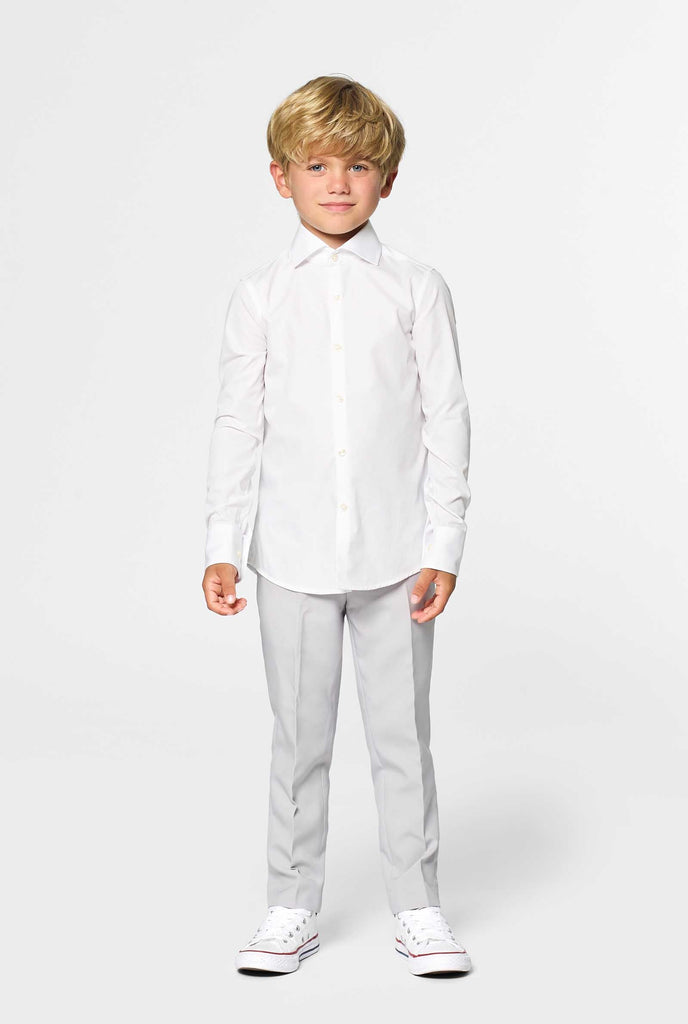 Long sleeve white shirt for boys worn by boy