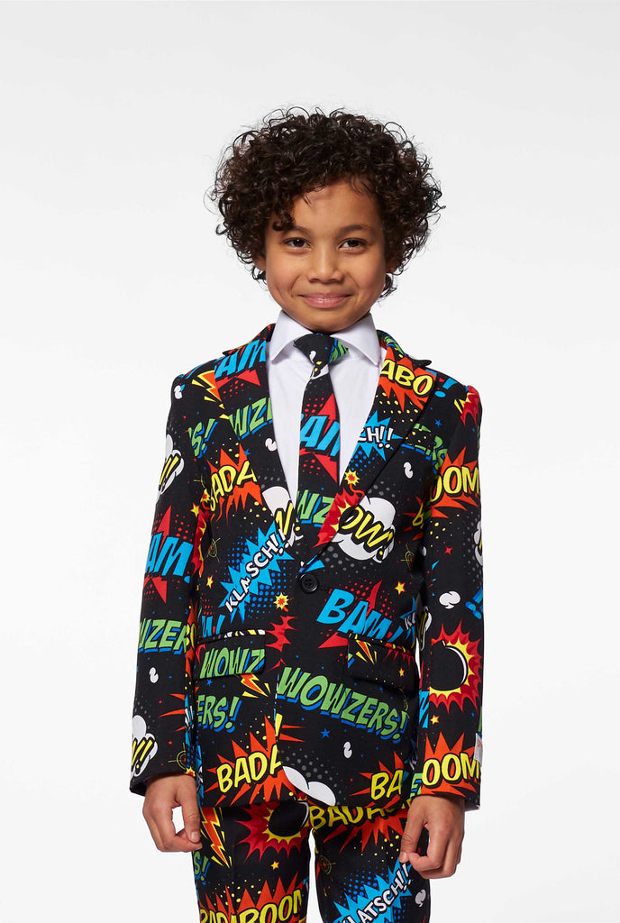 Comic book phrase suit for boys worn by a boy