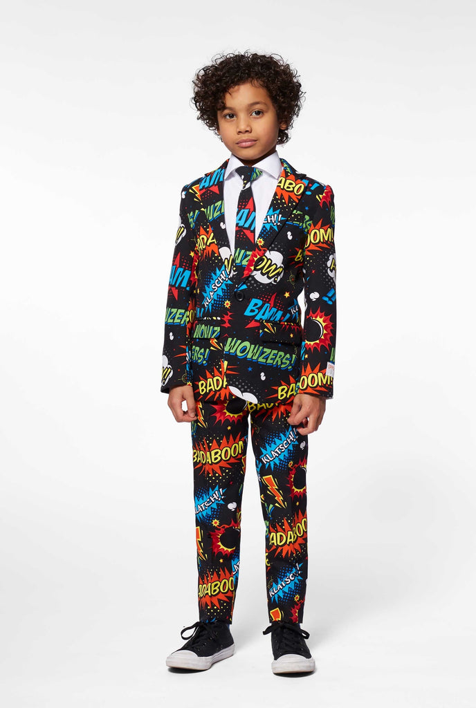 Comic book phrase suit for boys worn by a boy