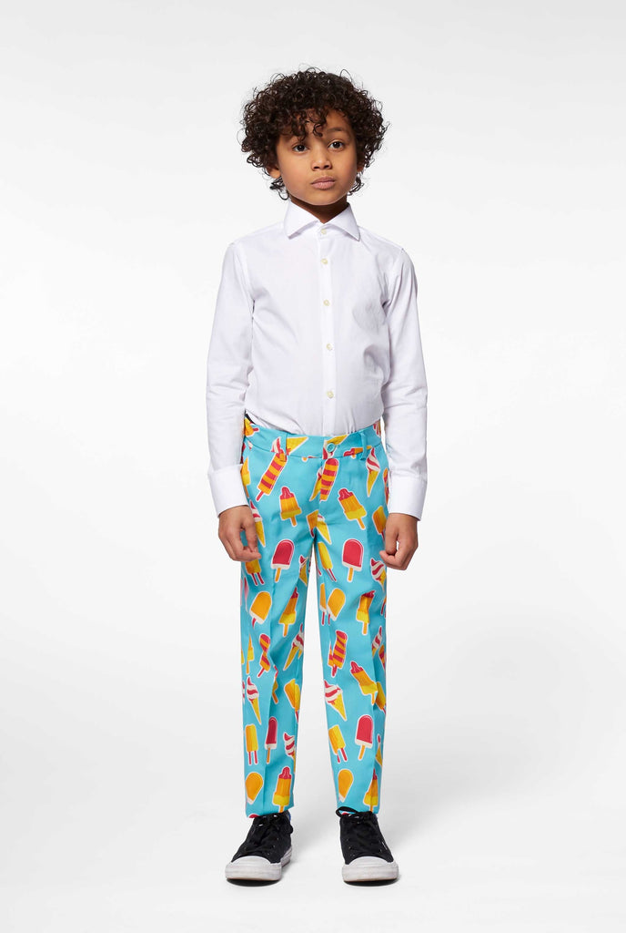 Boy wearing ice cream print pants part of Ice cream suit for boys