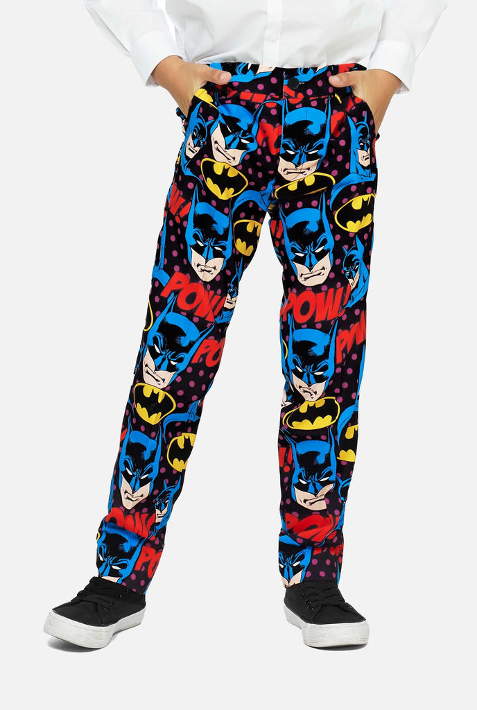 Batman themed pants, part of the suit for boys worn by boy