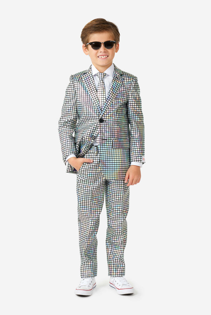 Boy wearing disco ball mirror suit