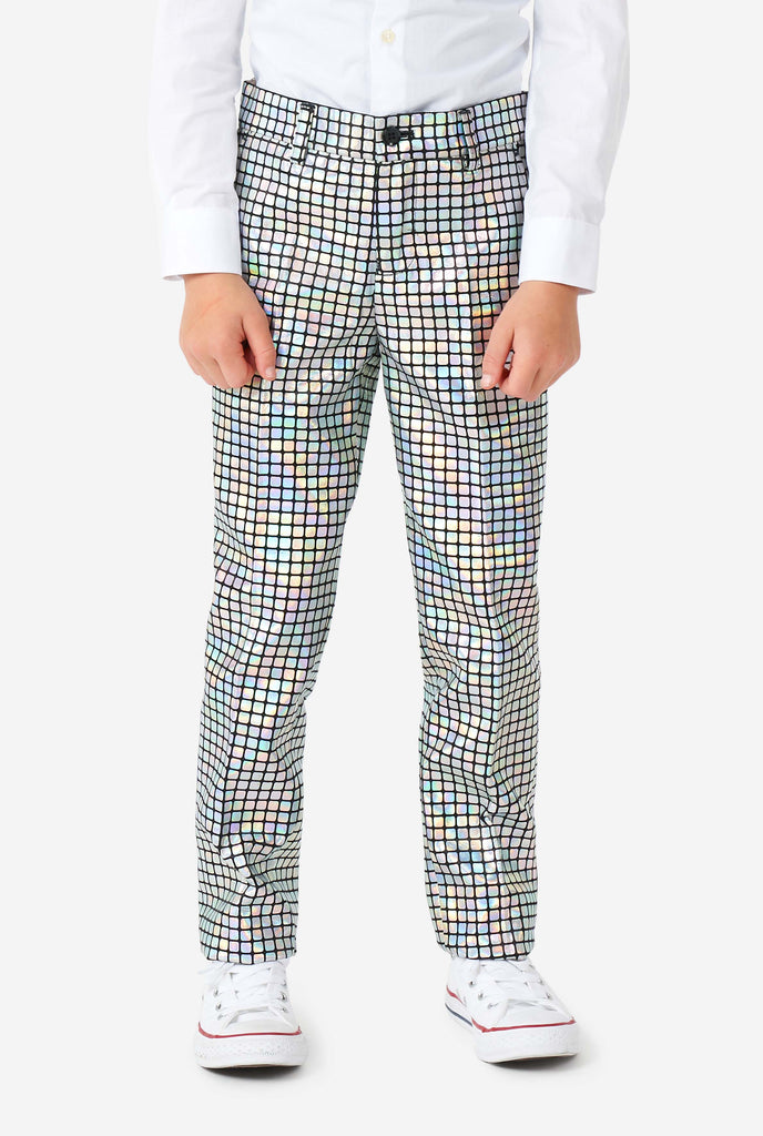 Boy wearing disco ball mirror suit, pants view