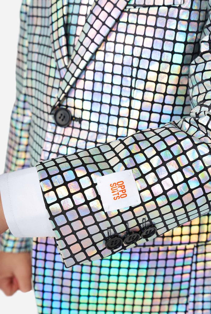 Boy wearing disco ball mirror suit, sleeve close up