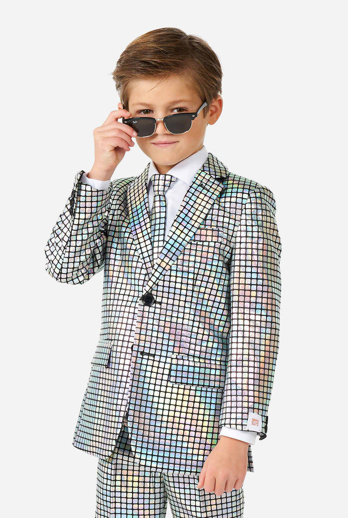 Boy wearing disco ball mirror suit