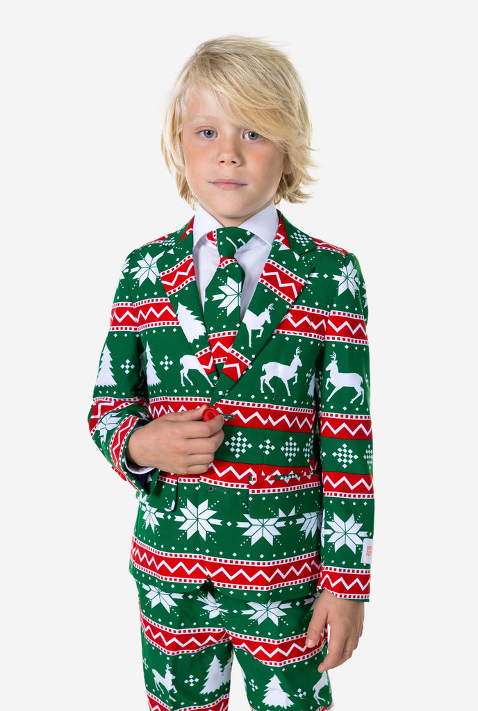 Kid wearing green Christmas suit