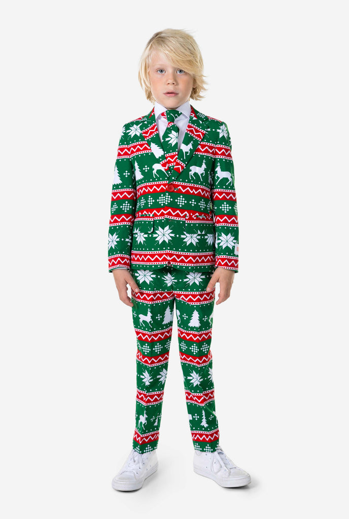 Kid wearing green Christmas suit