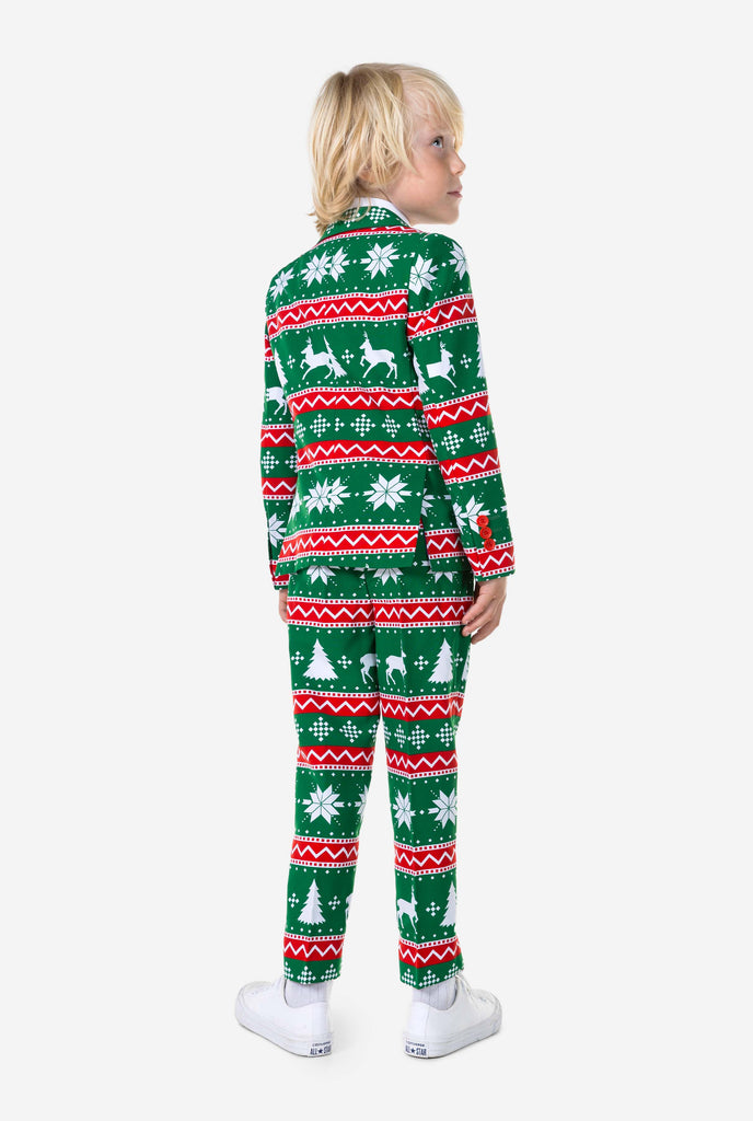 Kid wearing green Christmas suit