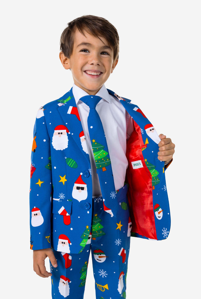 Kid wearing blue Christmas suit