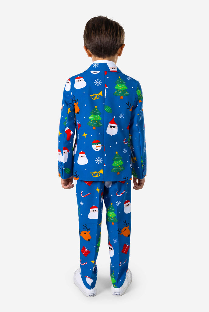 Kid wearing blue Christmas suit from the back