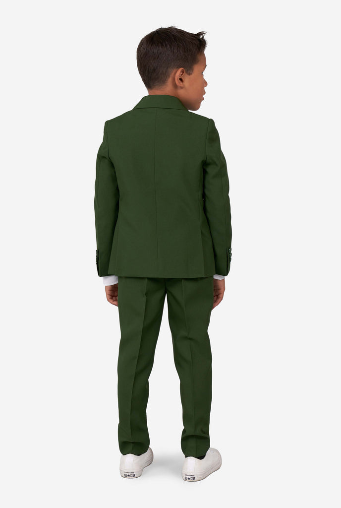 Boy wearing green suit, view from the back