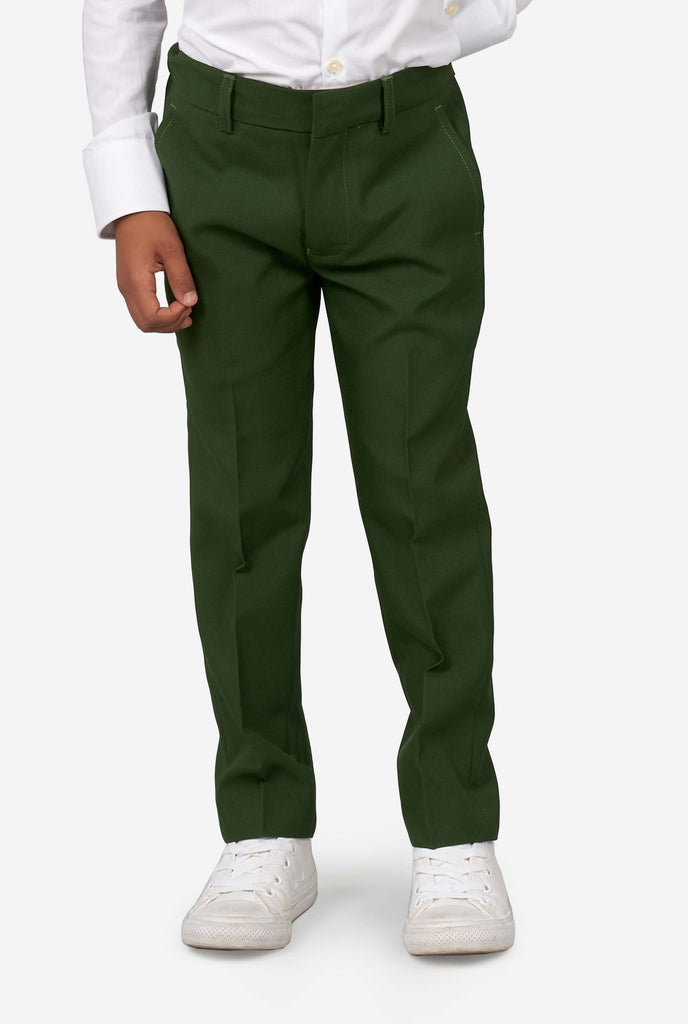 Boy wearing green suit, pants view