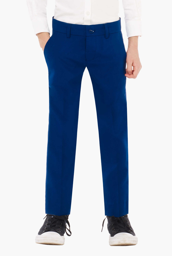 Dark blue suit for boys worn by boy, pants view