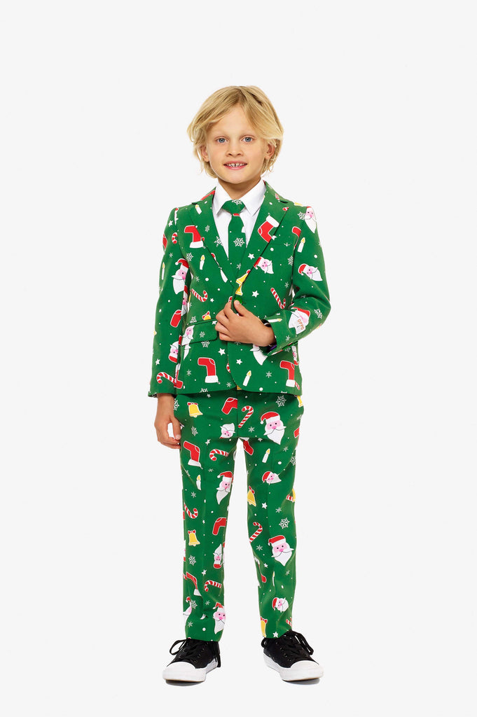 Green Christmas suit for boys with Christmas cartoon icons worn by boy