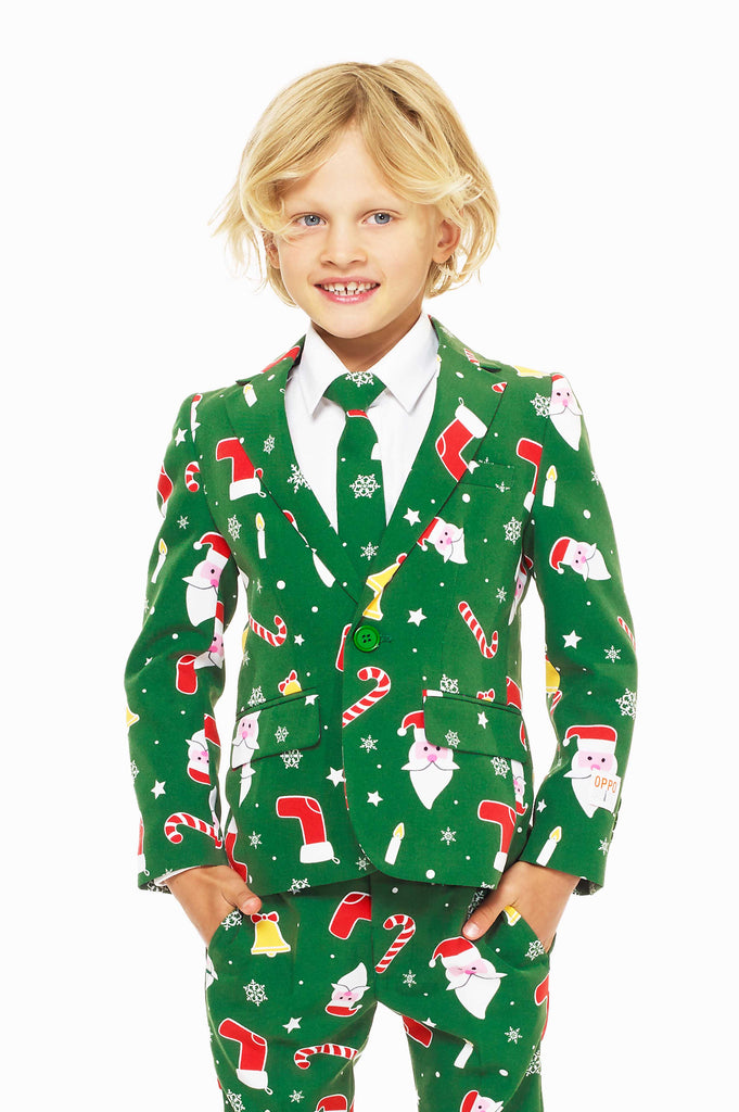 Green Christmas suit for boys with Christmas cartoon icons worn by boy