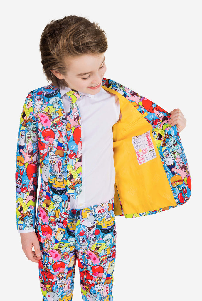 Boy wearing a spongebob suit