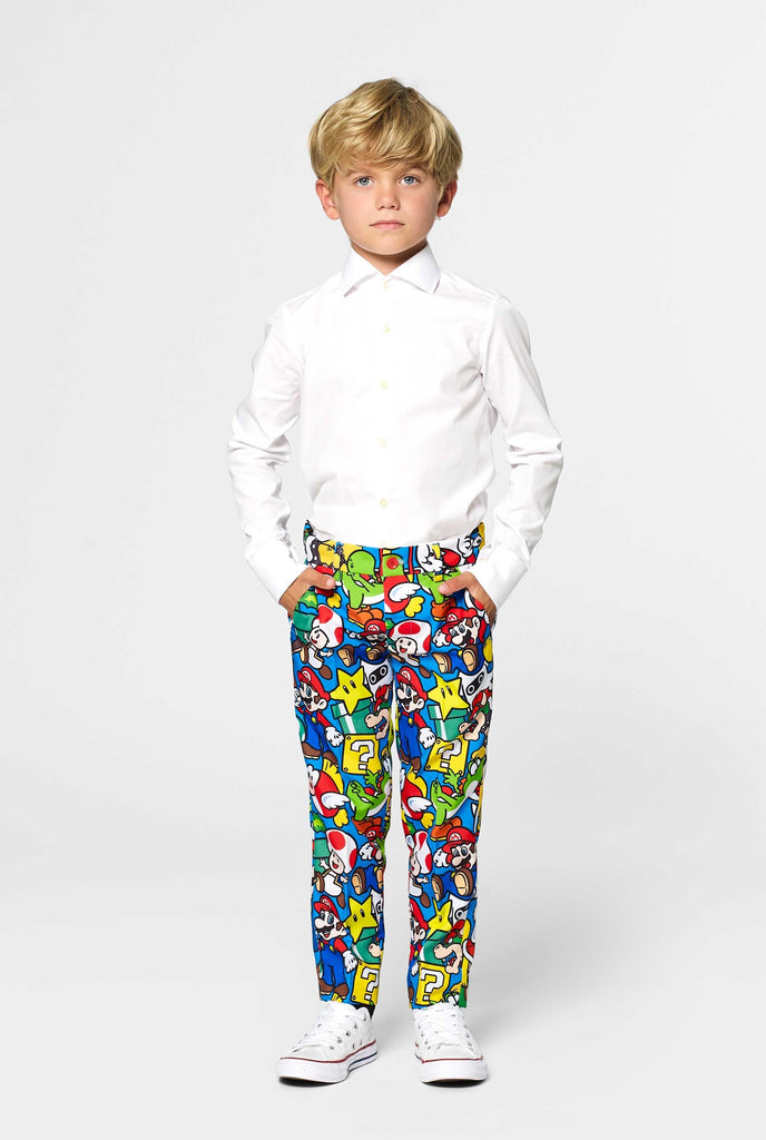 Boy wearing Nintendo Super Mario print pants part of suit for kids 