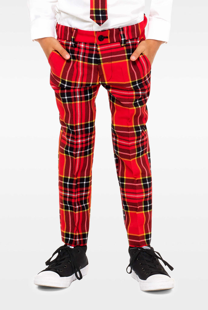 Red plaid suit for boys worn by boy, pants view