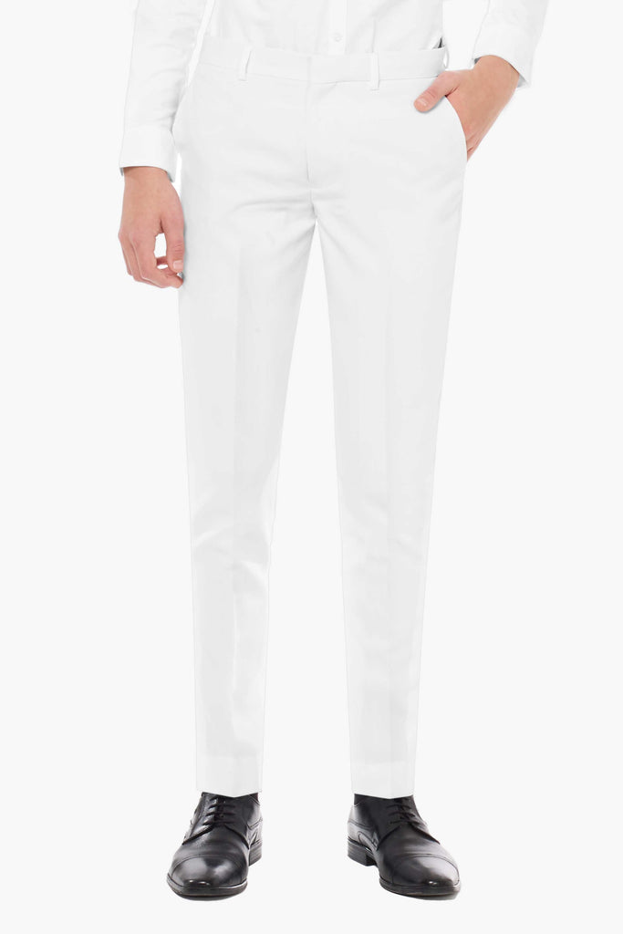 Teen wearing white suit, pants close up