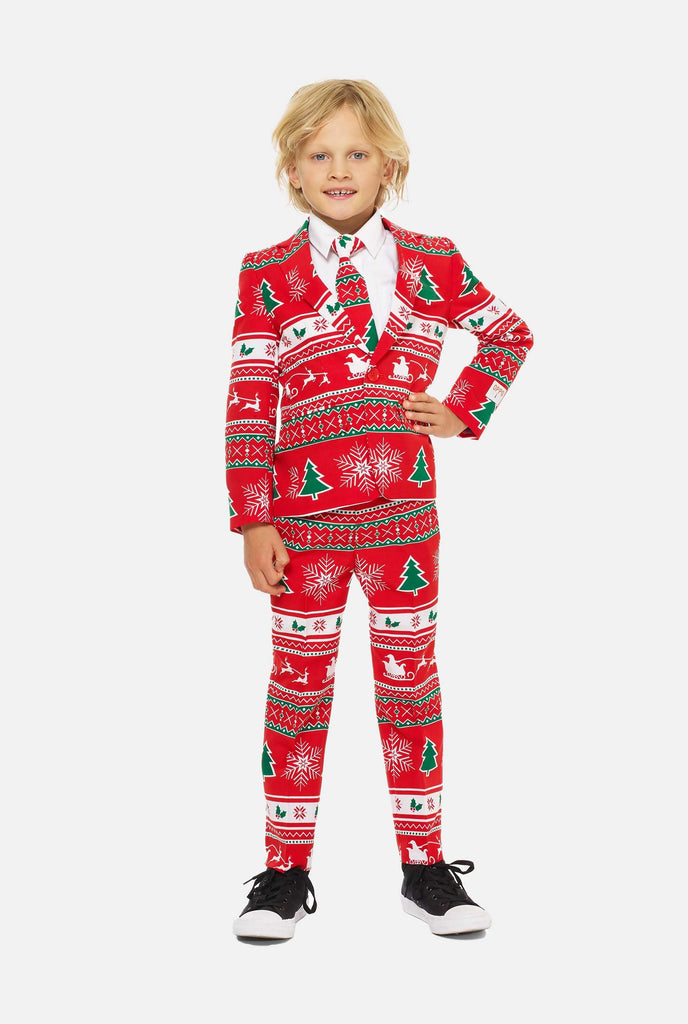 Red christmas suit for boys worn by boy