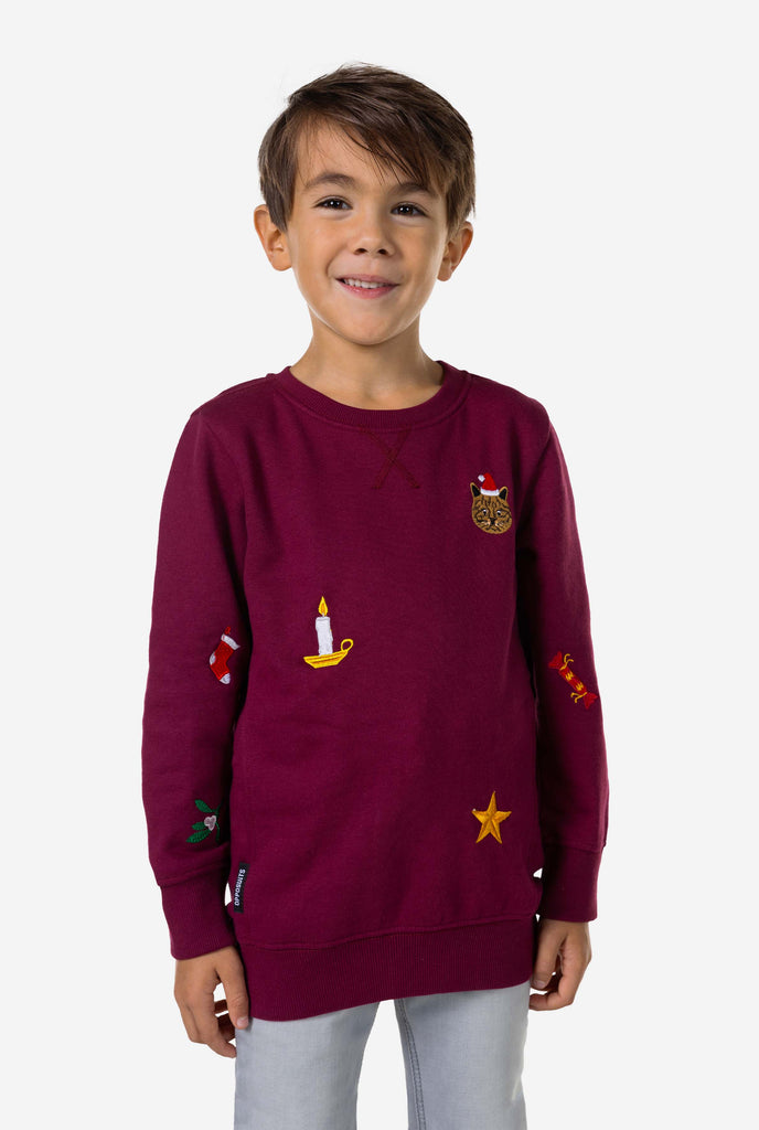 Kid wearing burgundy red Christmas sweater with Christmas icons