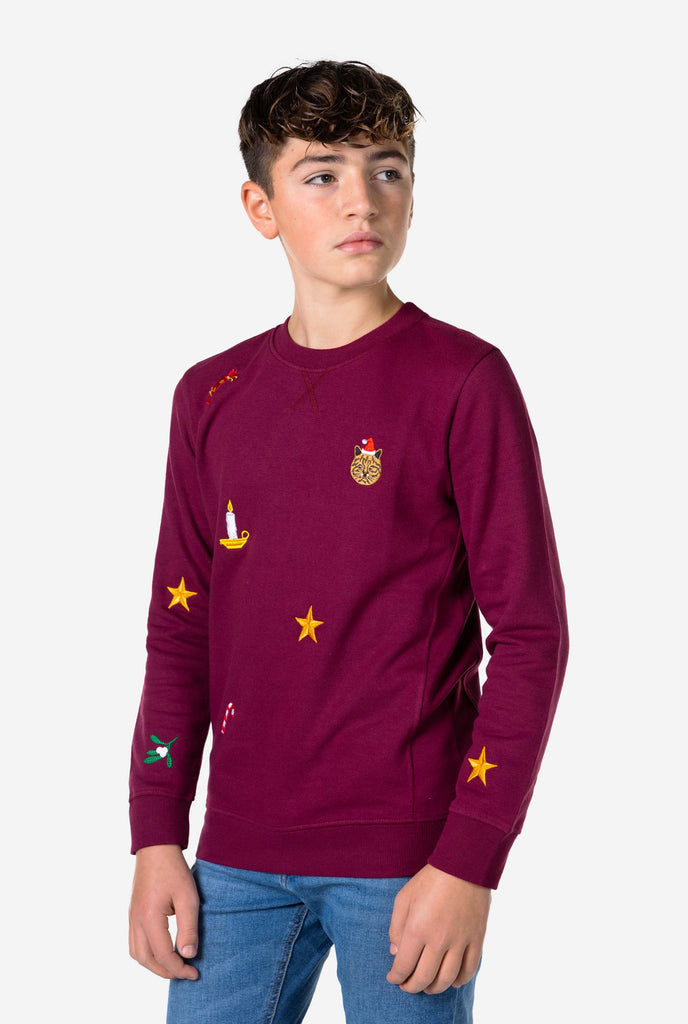 Kid wearing burgundy red Christmas sweater with Christmas icons