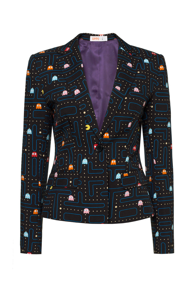 Black blazer with Pac-Man print