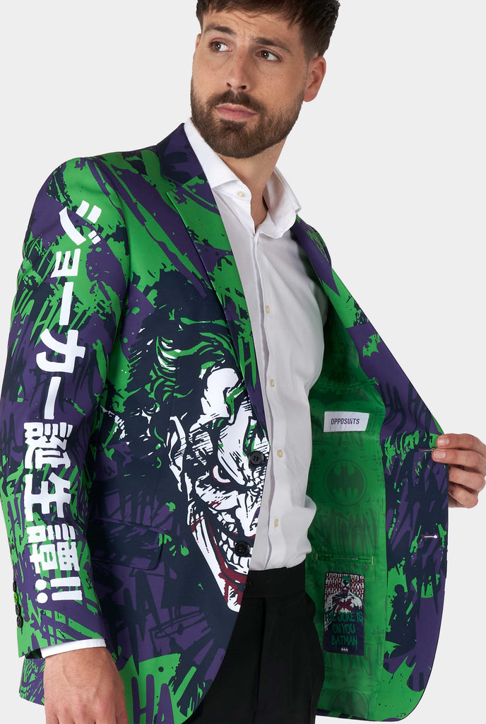 Man wearing purple and green batman vs Joker men's blazer